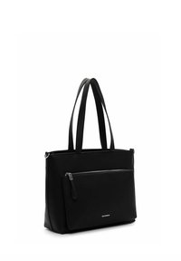 Borsa tote in pelle nera con doppi manici, finitura testurizzata, tasca frontale con zip e forma rettangolare strutturata.