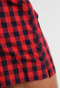 Red and navy checkered fabric shorts with side slits. Cotton material with a smooth texture and visible stitching details.