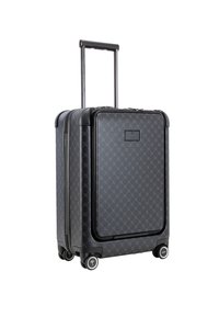 Schwarzer Hartschalenkoffer mit geometrischem Muster, ausziehbarem Griff und vier Rädern. Verfügt über einen Reißverschluss und ein Logo auf der Vorderseite.