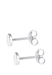 Silberne Steckerohrringe mit einem runden, strukturierten Design, einer glatten, runden Rückseite und einem Doppel-Loch-Verschluss für sicheren Halt.