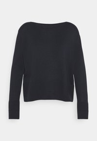 Czarny sweter dzianinowy z długim rękawem, szerokim dekoltem i dopasowanymi mankietami, przedstawiony na białym tle.