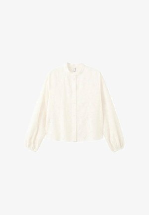 White, long-sleeve blouse with a round neckline, featuring textured fabric and a cropped design. Button closure at the front and gathered cuffs.
