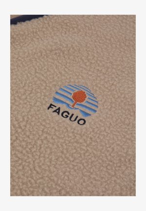 Beige fleece fabric featuring a circular logo with blue stripes and an orange tree, accompanied by the text "FAGUO" in black.