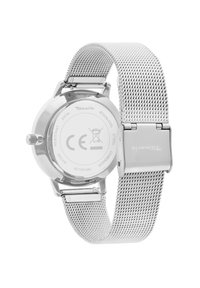 Zilveren roestvrijstalen horloge met een mesh band, ronde kast en een gladde, gepolijste afwerking. Beschikt over een heldere, minimalistische wijzerplaat.