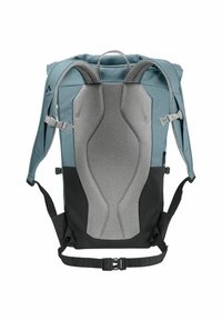 Rucksack mit einem blauen Stoffäußeren, grauem Netzrücken, gepolsterten Trägern und einem oberen Griff; verfügt über eine schwarze Basis und verstellbare Seitenriemen.