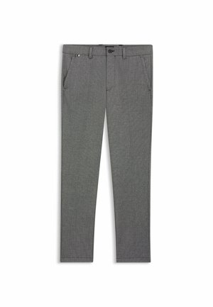 Graue, maßgeschneiderte Hose mit einer dezenten gewebten Textur, ausgestattet mit Seitentaschen und einem Knopfverschluss. Slim-Fit-Design.