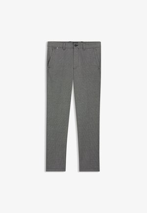 Pantaloni grigi su misura con una sottile trama intrecciata, dotati di tasche laterali e chiusura con un singolo bottone. Design slim fit.