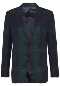 Geruiten blazer in donkergroen, marineblauw en paars met een gestructureerd ontwerp, enkele knoopsluiting en twee voorzakken. Glad gevoerd zichtbare lining.