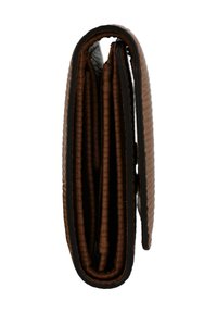 Brown leather wallet with a textured surface; features multiple card slots and a flat design, edged in dark brown.