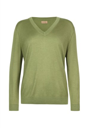 Hellgrüner V-Ausschnitt Pullover mit langen Ärmeln, gerippten Bündchen und Saum, dargestellt auf weißem Hintergrund.