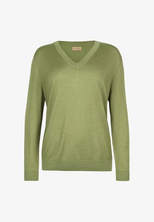 Hellgrüner V-Ausschnitt Pullover mit langen Ärmeln, gerippten Bündchen und Saum, dargestellt auf weißem Hintergrund.