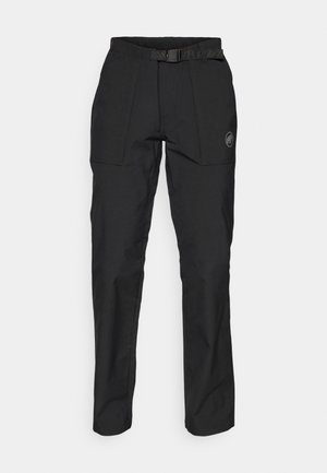 Black outdoor pants with a belt, featuring a sleek design, two front pockets, and a logo patch on the thigh. Made from durable, weather-resistant material.