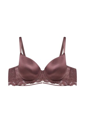 Mauve padded bra with lace trim, adjustable straps, and a decorative front clasp. Soft fabric with a smooth finish.