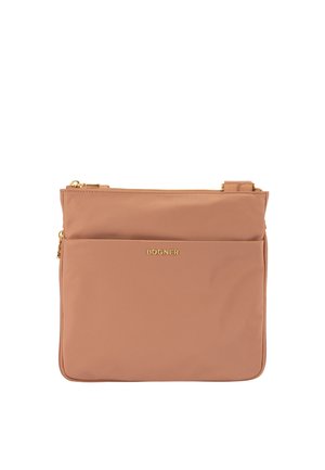 Lysebrun rektangulær crossbody taske med front lynlåslomme og guld BOGNER-logo, med gyldne lynlåsdetailler.