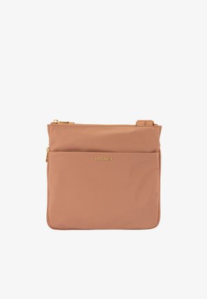 Borsa a tracolla rettangolare marrone chiaro con tasca frontale con zip e logo BOGNER dorato, con dettagli della cerniera dorata.