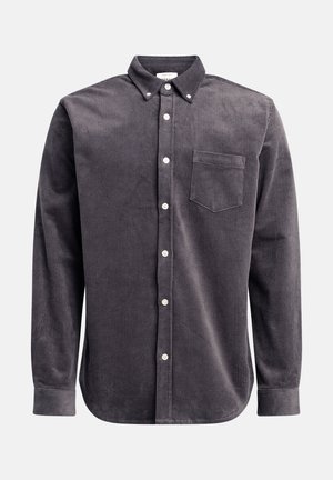Dark gray corduroy shirt with a button-down collar, long sleeves, front pocket, and white buttons, featuring vertical ribbed texture.