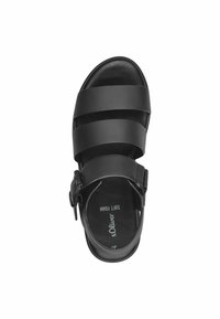 Black sandals with three wide straps, a buckle closure, and a rounded toe. Features soft foam material and a textured black insole.