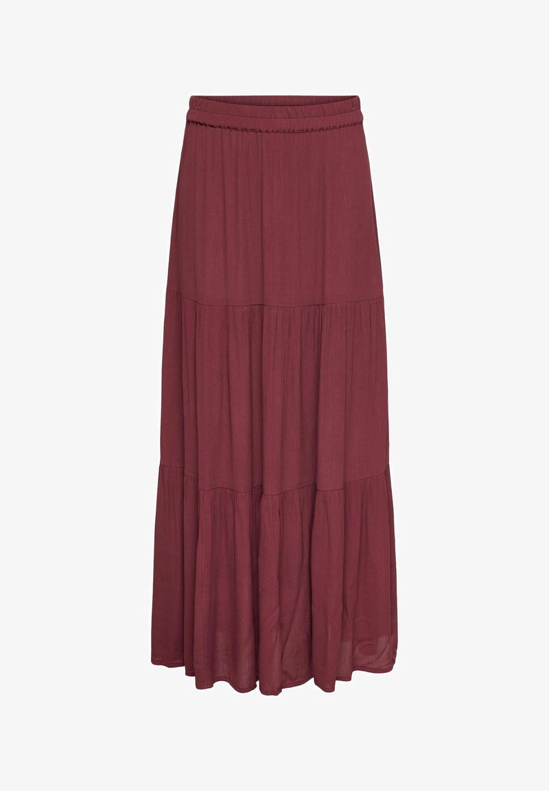 Pikk, kihiline seelik sügavbordoopunases toonis, elastse vöökohaga ja kergest, tekstuuriga kangast.