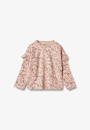 Haut rose à manches longues avec un motif floral en bleu et marron. Il présente des accents volantés sur les épaules et un col rond.