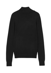 Pull à col roulé noir, poignets et col côtelés, design ajusté, texture douce, vue arrière, sans logos ni motifs visibles.