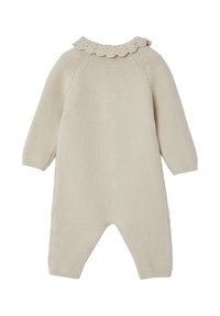 Strick-Einzelteil in Off-White, ausgestattet mit langen Ärmeln, einem gewellten Kragen und strukturiertem Stoff. Geeignet für Säuglinge.