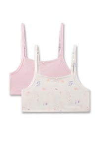 Zwei Braletten im Set: eine einfarbig pink, die andere elfenbeinfarben mit pastellfarbenen Blumenmustern. Mit dünnen Trägern und zarten Spitzenabschlüssen.