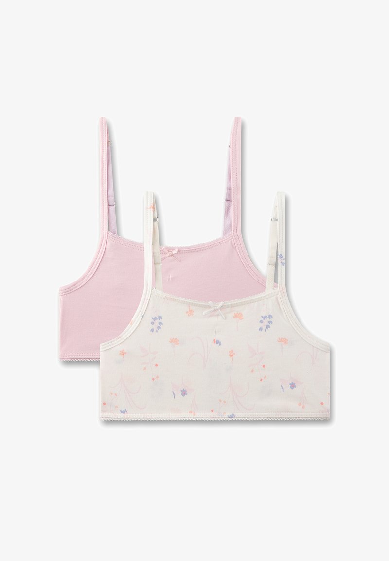 Zwei Braletten im Set: eine einfarbig pink, die andere elfenbeinfarben mit pastellfarbenen Blumenmustern. Mit dünnen Trägern und zarten Spitzenabschlüssen.