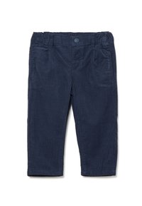 Marineblauwe ribfluwelen broek met een elastische tailleband, voorzien van twee voorkruiszakken en een rechte broekspijp. Zachte textuur en geribd patroon.