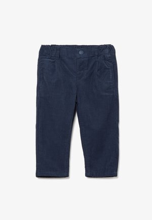 Pantalones de pana azul marino con cintura elástica, que cuentan con dos bolsillos frontales y un diseño de pierna recta. Textura suave y patrón acanalado.
