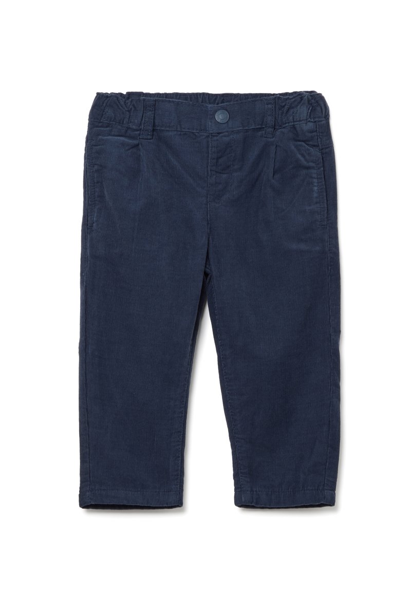 Marineblauwe ribfluwelen broek met een elastische tailleband, voorzien van twee voorkruiszakken en een rechte broekspijp. Zachte textuur en geribd patroon.