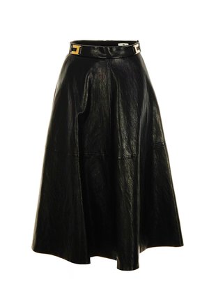 Black leather skirt with a flared shape, featuring a shiny texture and a gold-toned buckle belt. Seamed detailing enhances design.