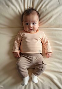 Gestreiftes Langarmoberteil in Pfirsich und Creme, kombiniert mit beigen Cargo-Hosen. Weiße Socken; Kind, das auf einer weichen, neutralen Oberfläche liegt.