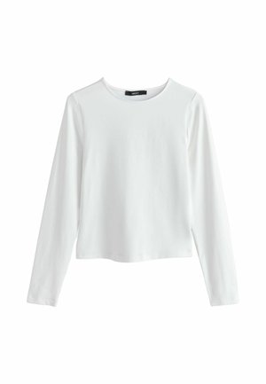 Biela dlhá rukávová tričko s okrúhlym výstrihom, rovný lem a hladká látka, zobrazené na bielom pozadí.