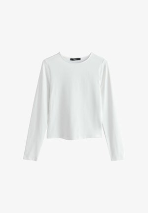 Bílá tričko s dlouhým rukávem a kulatým výstřihem, s rovnou légou a hladkou látkou, položeno na bílém pozadí.