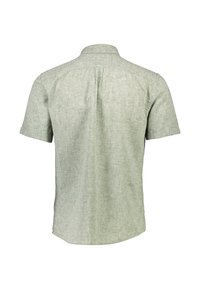 Korte mouwen overhemd van lichtgroene stof met een subtiele textuur. Heeft een kraag en rugpand, met een rechte onderkant.