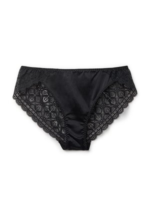 Zwarte slip met een gladde satijnen voorkant en ingewikkelde kantdetails aan de zijkanten, met een golvende rand voor extra textuur.