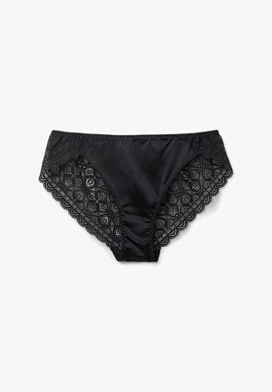 Black panties featuring a smooth satin front and intricate lace detailing on the sides, with a scalloped edge for added texture.