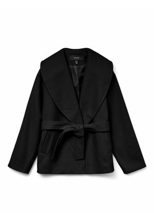 Zwarte wolmix jas met een brede revers, een ceintuur in de taille en twee voorzakken. Heeft een open voorkant en lange mouwen. Glad textuur.