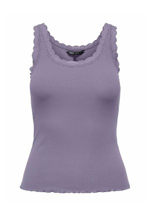 Sleeveless ribbed lavender tank top with lace trim around neckline and armholes, fitted silhouette, brand label inside collar.