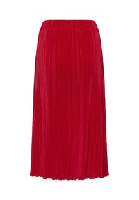Gonna plisettata rossa con cintura elasticizzata, lunga fino al ginocchio, caratterizzata da una texture liscia e lucida e pieghe verticali distribuite in modo uniforme.