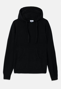 Hanorac negru din material moale, cu un buzunar frontal, cordoane de ajustare și manșete ribbate. Design simplu, fără modele sau accente.