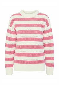 Pull en tricot avec des rayures horizontales rose et blanc, présentant un motif texturé ainsi que des poignets et un ourlet côtelés. Design à col rond.