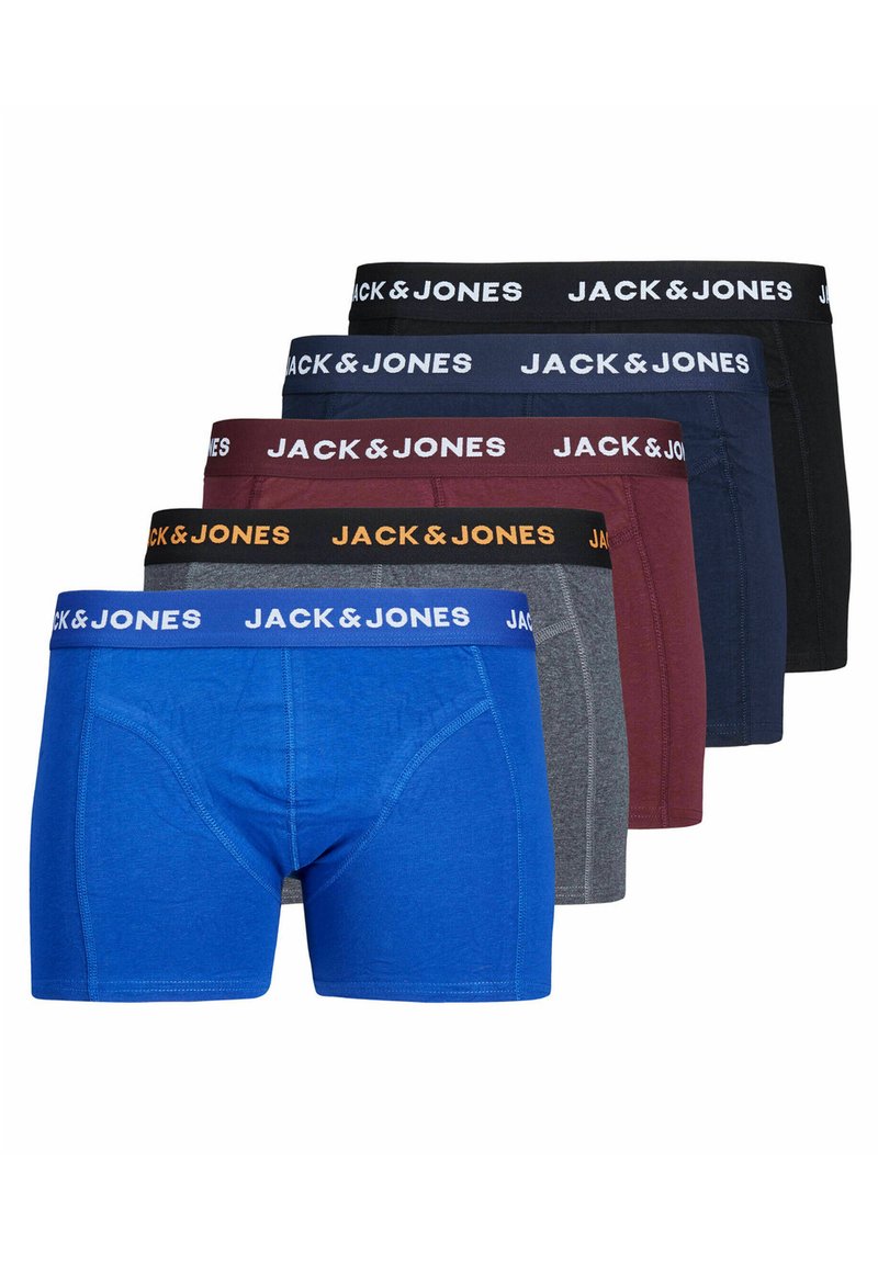 Fünf Paare JACK & JONES Herren-Boxershorts in Blau, Grau, Burgunderrot, Marineblau und Schwarz, ausgestattet mit elastischen Bündchen mit Markenlogo.