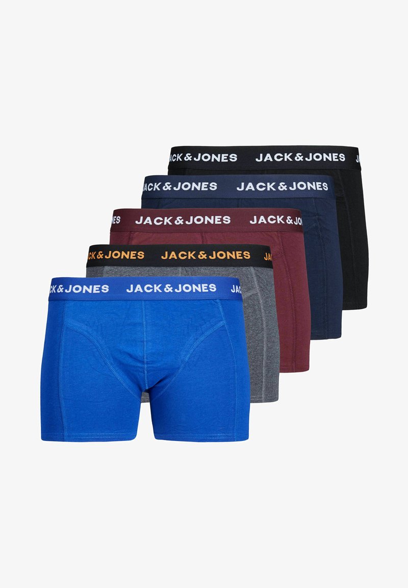 Five pairs of JACK & JONES men's boxer briefs in blue, gray, burgundy, navy, and black, featuring elastic waistbands with brand logo.