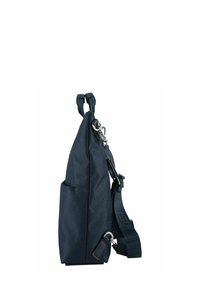 Borsa in tessuto blu scuro con un design strutturato, tracolla regolabile, tasca laterale e finiture in metallo argentato. Superficie texturizzata visibile.