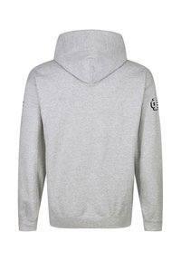 Gray hooded sweatshirt made from soft fabric, featuring a kangaroo pocket and ribbed cuffs. Accents include a logo on the left sleeve.