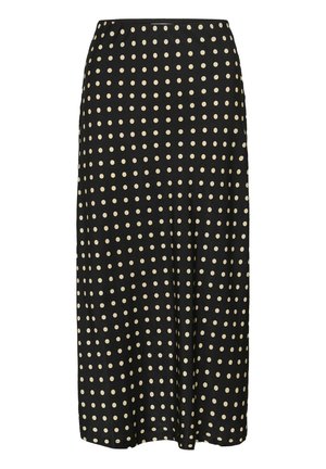 Black midi skirt featuring a smooth fabric, adorned with a repeating pattern of large cream-colored polka dots. Elastic waistband.