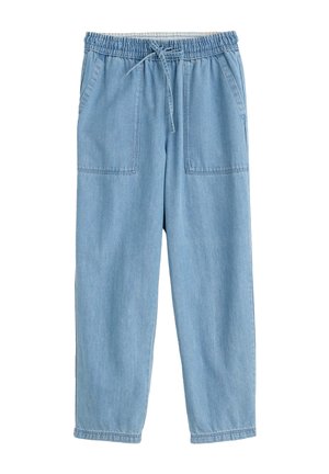 Svetlomodré rifle z denimu s elastickým pásom, sťahovaním na šnúrku a dvoma veľkými náprsnými vreckami, rovný strih nohavíc.