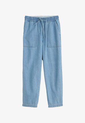 Pantaloni din denim albastru deschis cu talie elastică, șnur de reglare și două buzunare frontale mari aplicate, croială dreaptă.