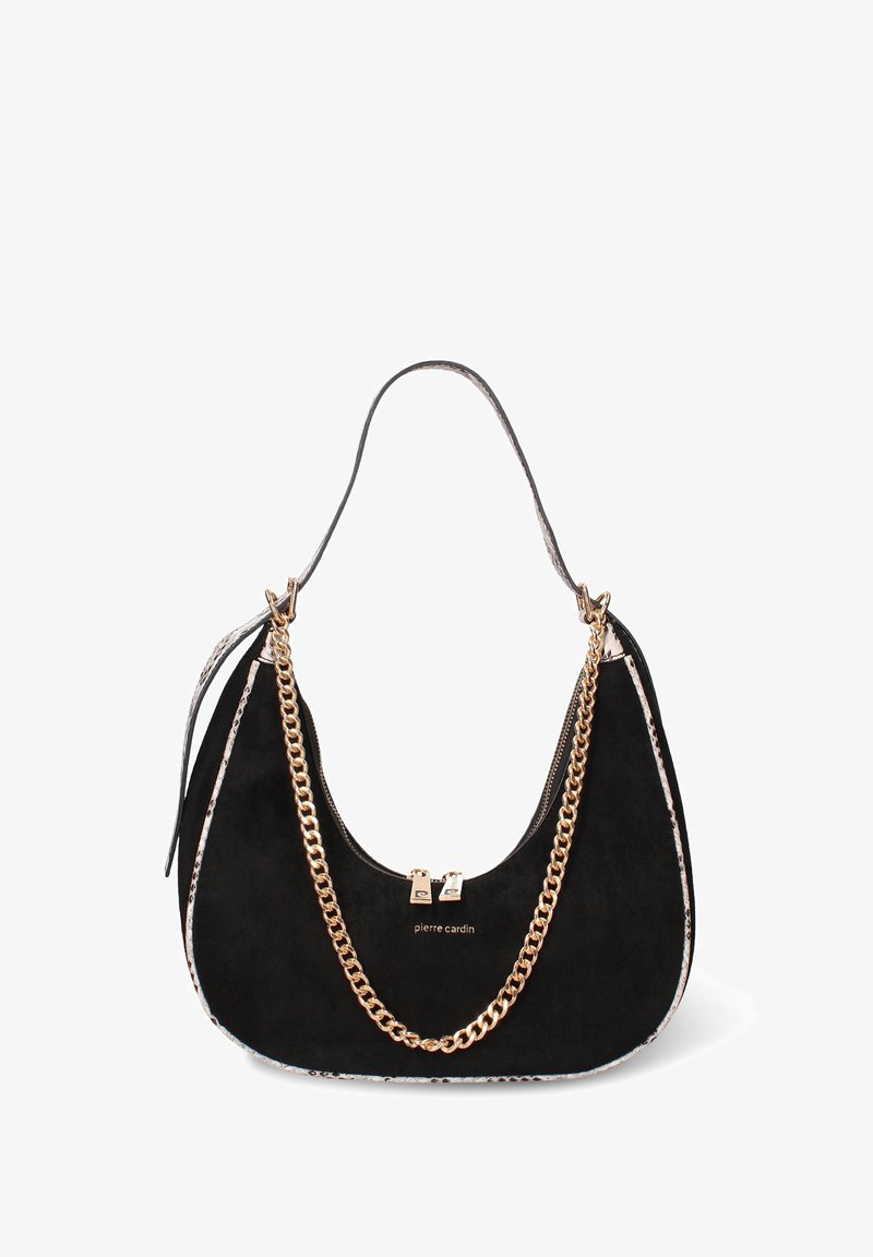Borsa a mezzaluna nera con dettaglio a catena dorata, rifinitura con motivo a serpente e tracolla arcuata, caratterizzata da due cursori delle cerniere oro.